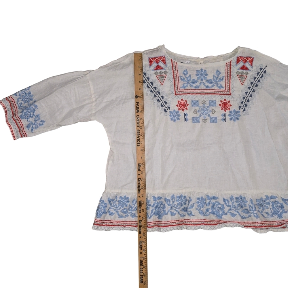 Johnny Was Mateo Linen White Blouse Top Blue & Coral Embroidery Size L - Picture 6 of 7